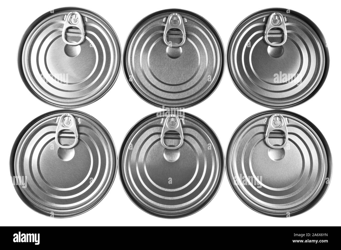 Close up photo of aluminium cans in a raw isolated on white background