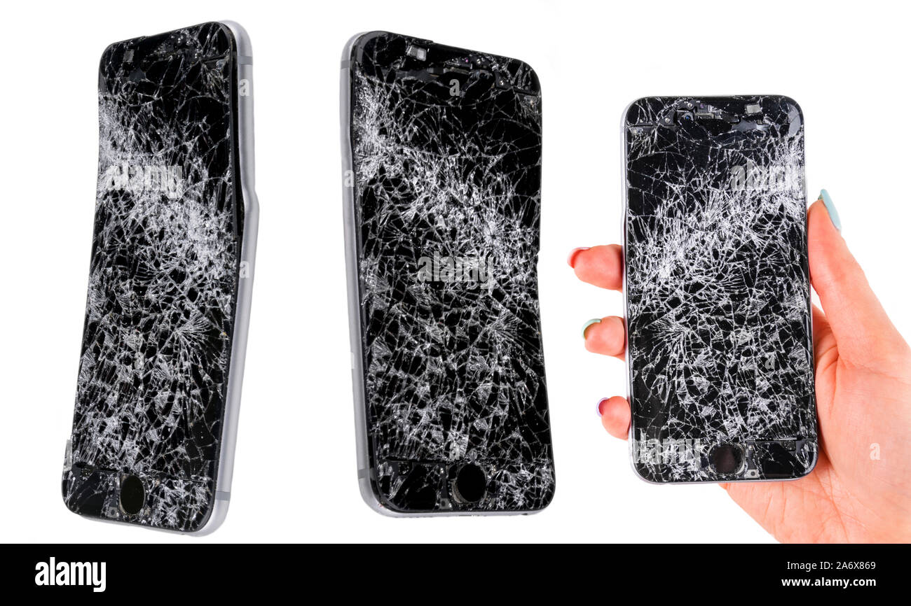Set of woman hand holding modern mobile smartphone broken screen and damages.  Cellphone crashed. Device destroyed. Smash gadget. Need repair. Isolated  Stock Photo - Alamy