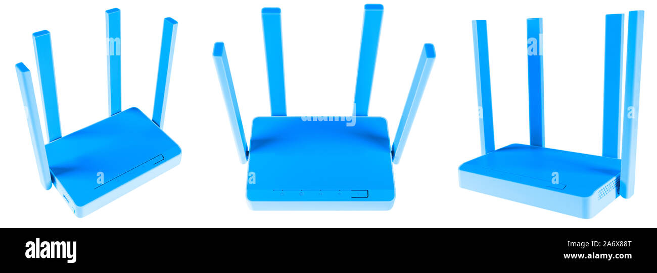 Set of blue wireless Wi-Fi router isolated on white background. wifi technology concept. White wireless internet router isolated. Cable modem with ant Stock Photo