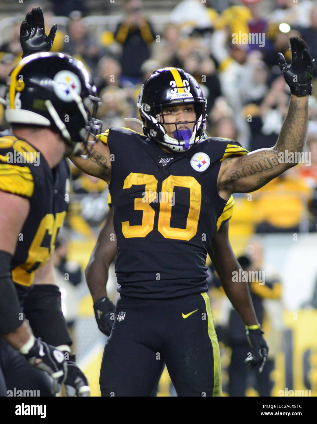 Pittsburgh Steelers running back Jarvion Franklin (40) celebrates his  fourth quarter touchdown with Pittsburgh Steelers running back James Conner  (30) during the Steelers 39-24 preseason win over the Carolina Panthers at  Heinz