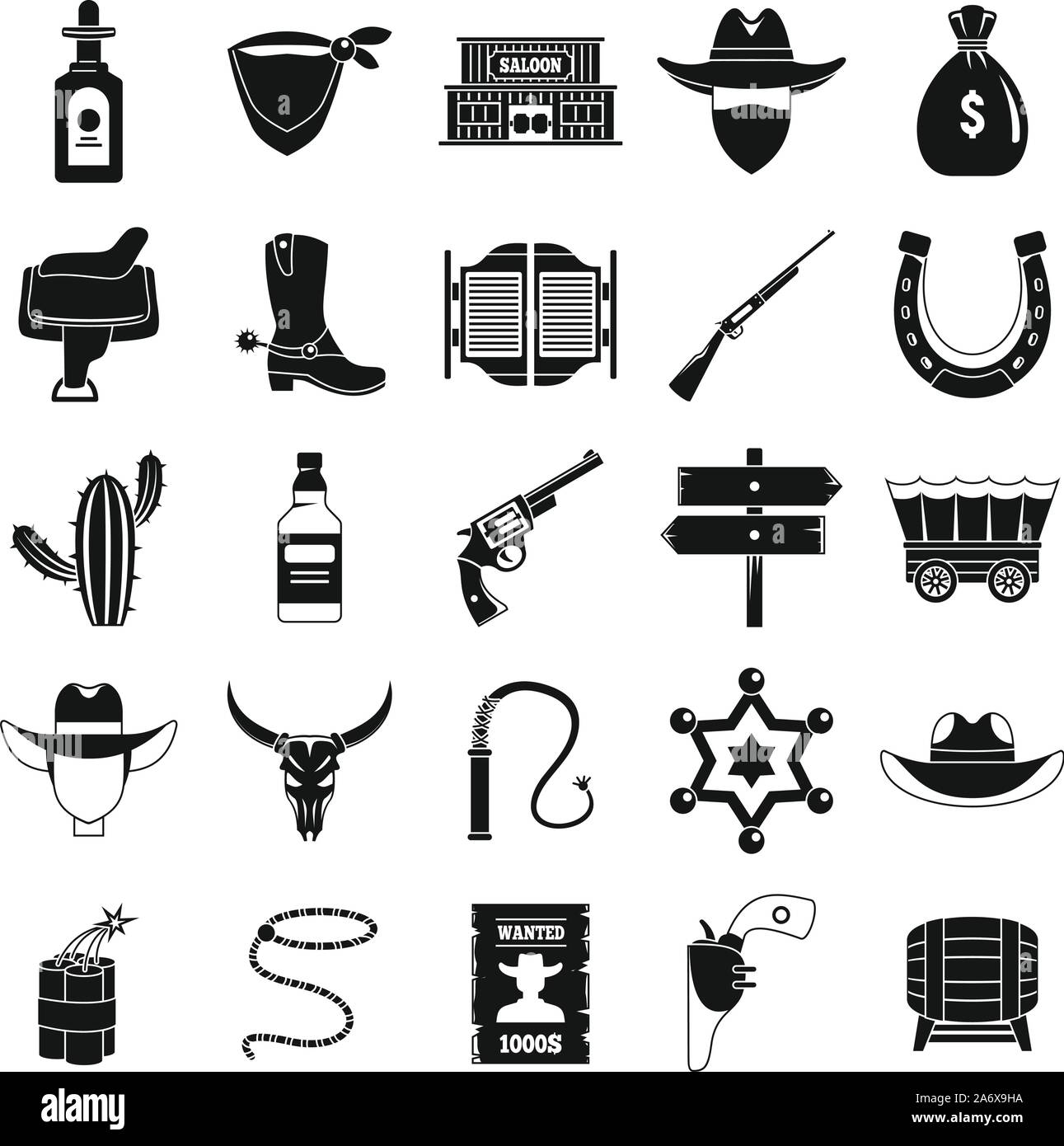 Western cowboy icons set. Simple set of western cowboy vector icons for web design on white background Stock Vector
