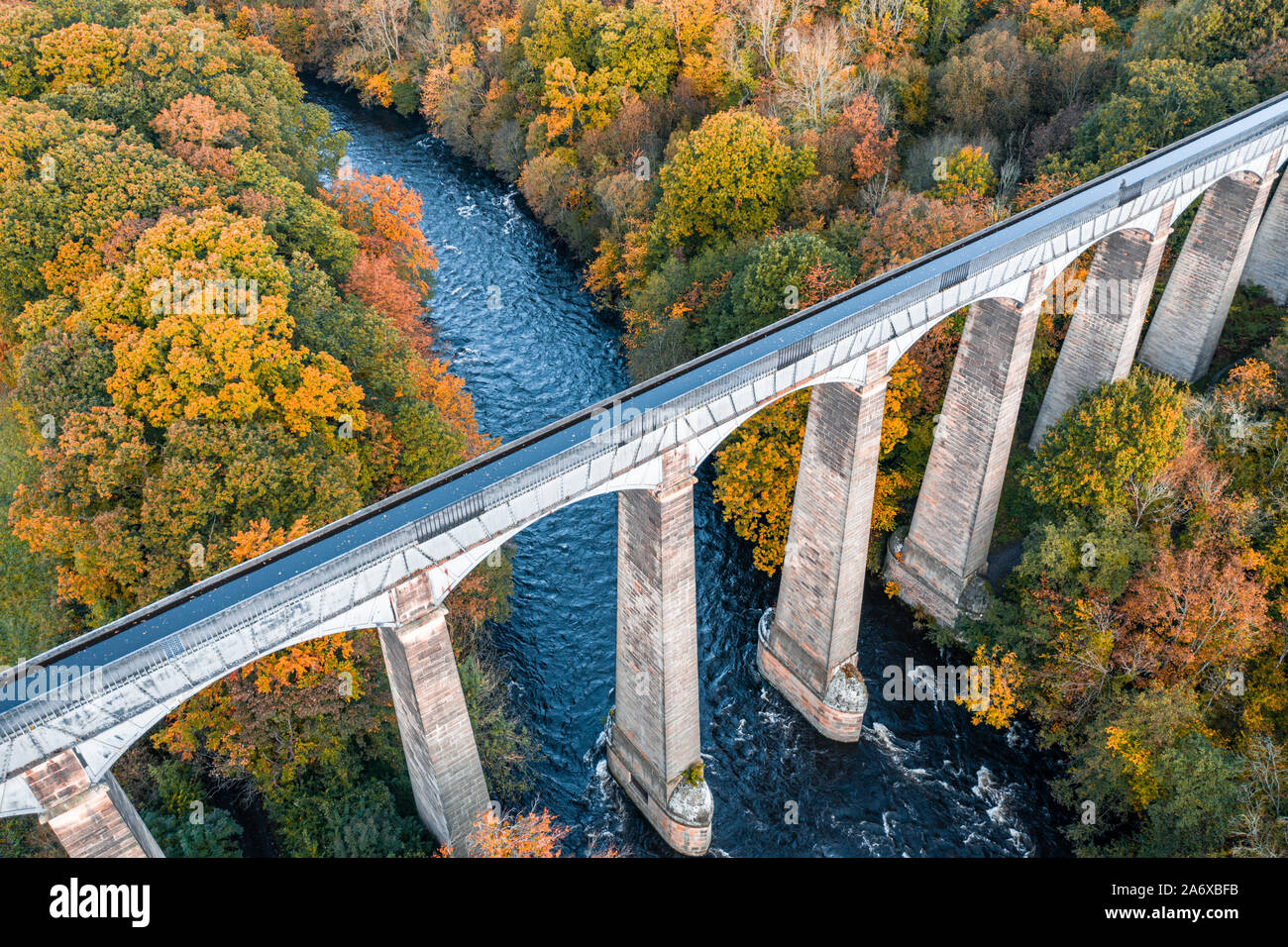 Drone shoot over Pontcysyllte Aqueduct crossing above the River Dee  at autumn in Wales, UK Stock Photo