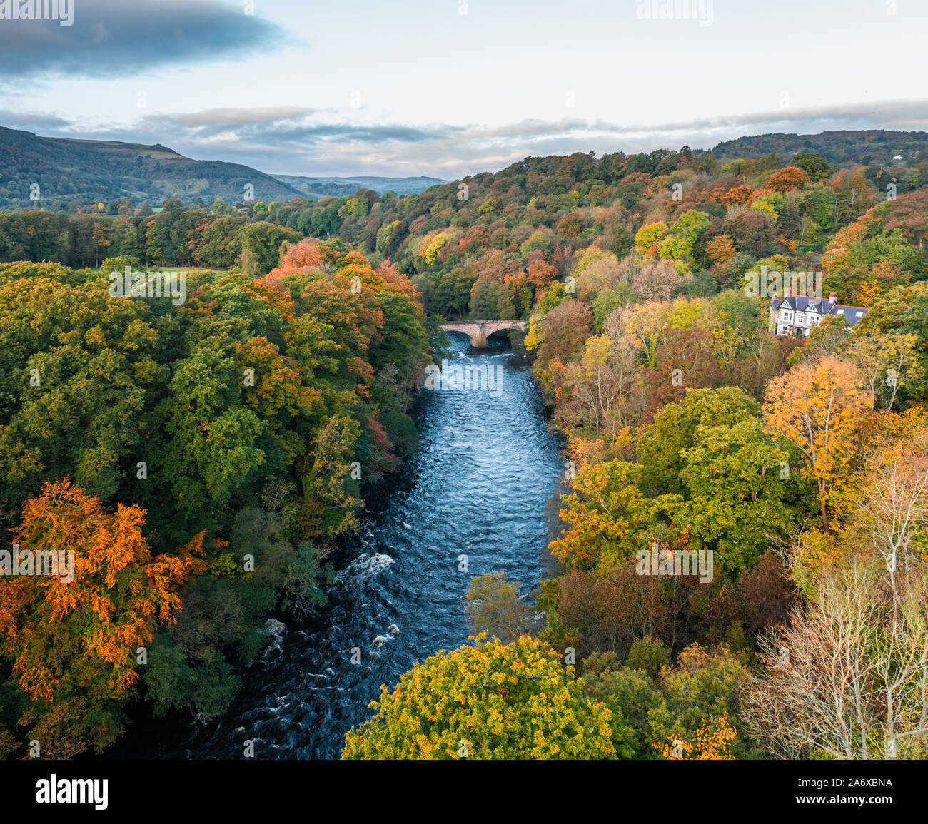 Autumnal landscape with colorful trees and River Dee at sunrise in Wales, UK Stock Photo