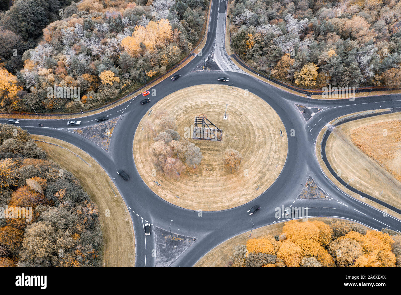 Aerial vie over busy roundabout at autumnal day in Telford, UK Stock Photo