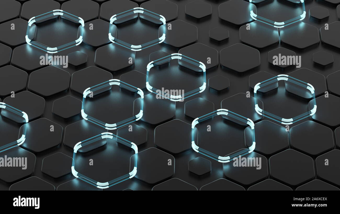 Black abstract background with hexagons and glow. 3d rendering, 3d ...