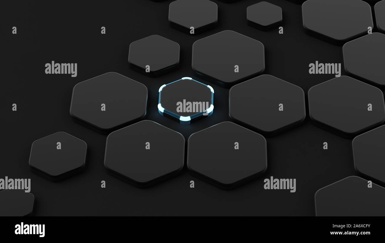 Black abstract background with hexagons and glow. 3d rendering, 3d ...