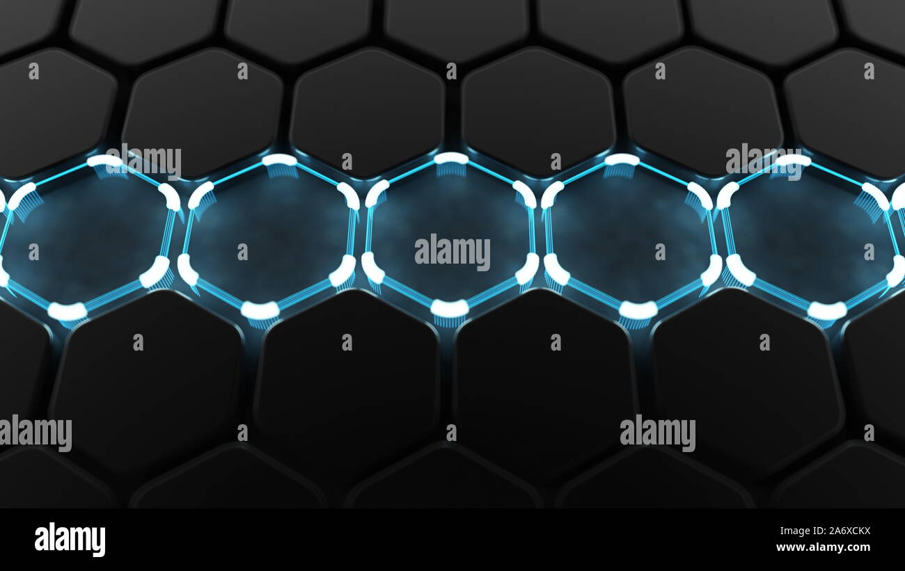 Black abstract background with hexagons and glow. 3d rendering, 3d ...