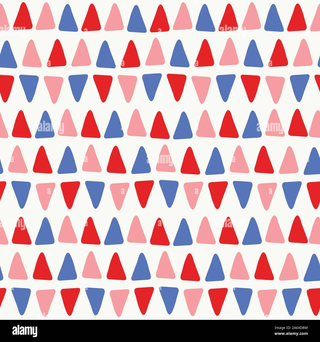 Sweet vector seamless repeat pattern of hand drawn small triangles in blue, pink and red. A fun abstract geometric repeat design background. Stock Vector