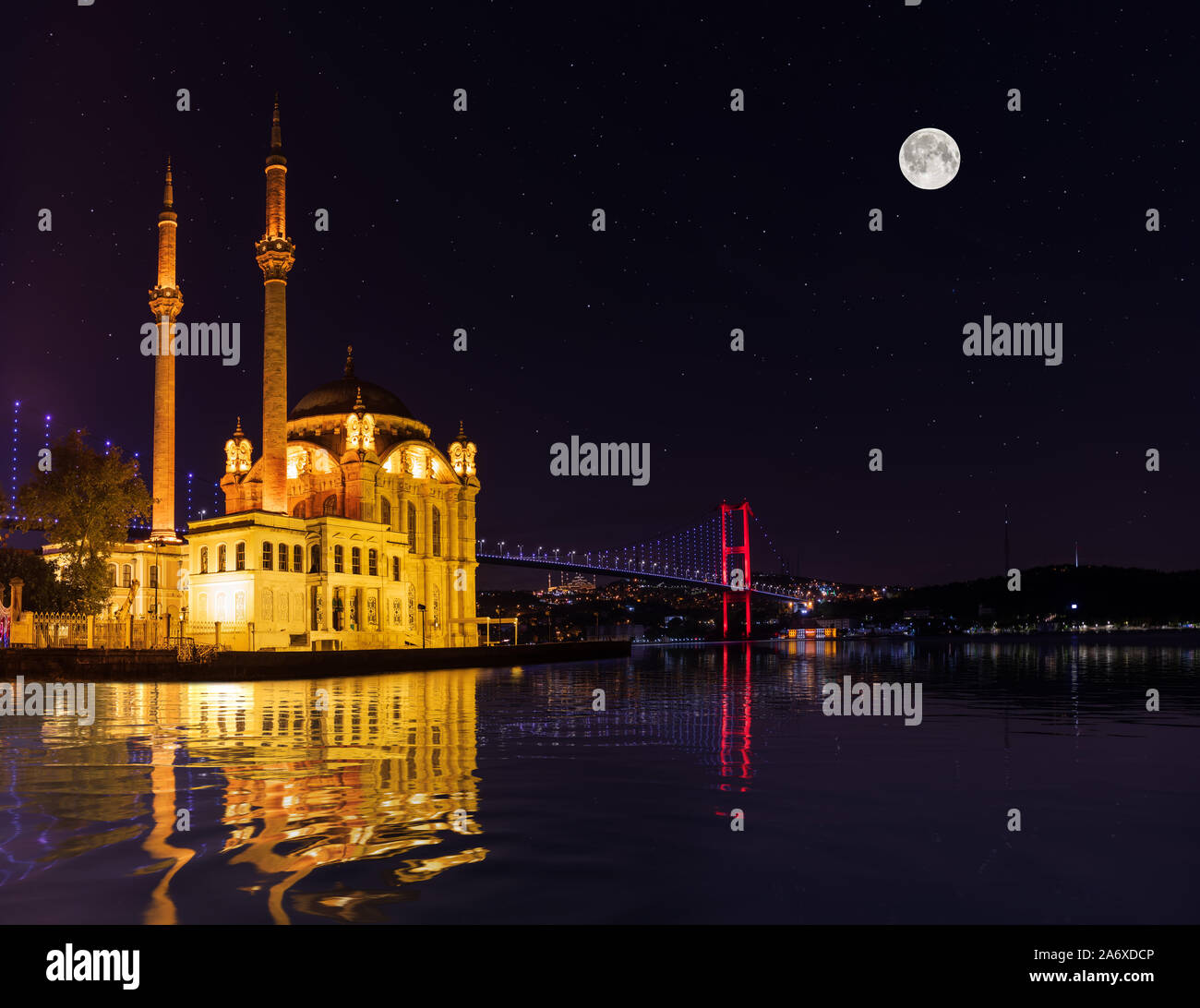 Ortakoy Mosque at night, moonlight view, Istanbul, Turkey Stock Photo ...