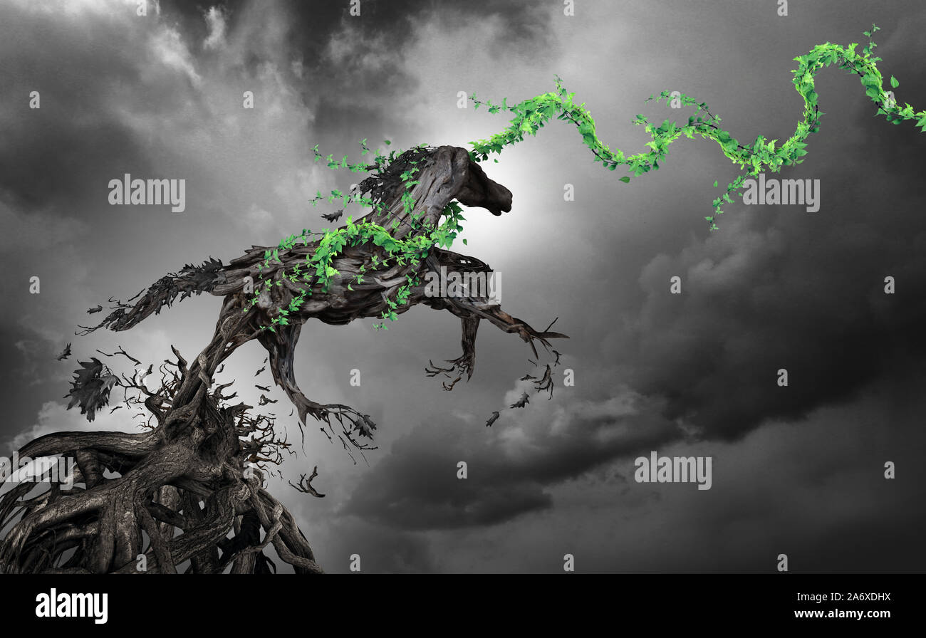 Concept of power and motivation as a surreal horse made of roots breaking free as an environmental hope symbol in a 3D illustration style. Stock Photo