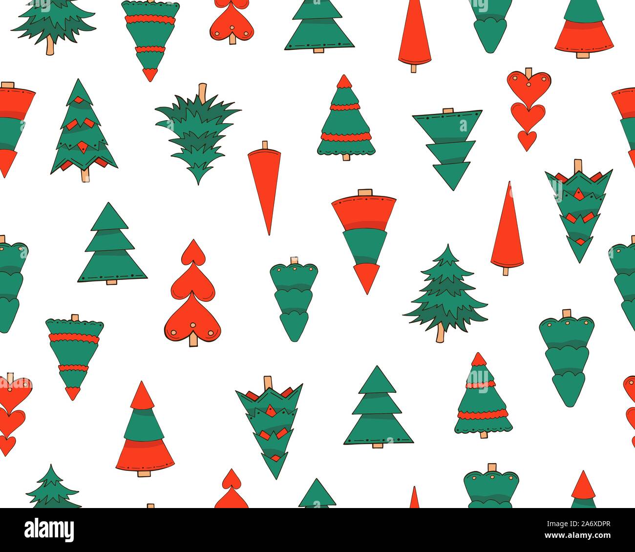 Vector seamless pattern with hand drawn Christmas trees in red and green colors isolated on white background. Endless texture. Wrapping paper, positiv Stock Vector