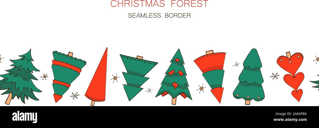 Vector seamless border with hand drawn Christmas trees and snowflakes isolated on white. Cartoon winter forest in emerald and red colors. Endless hori Stock Vector