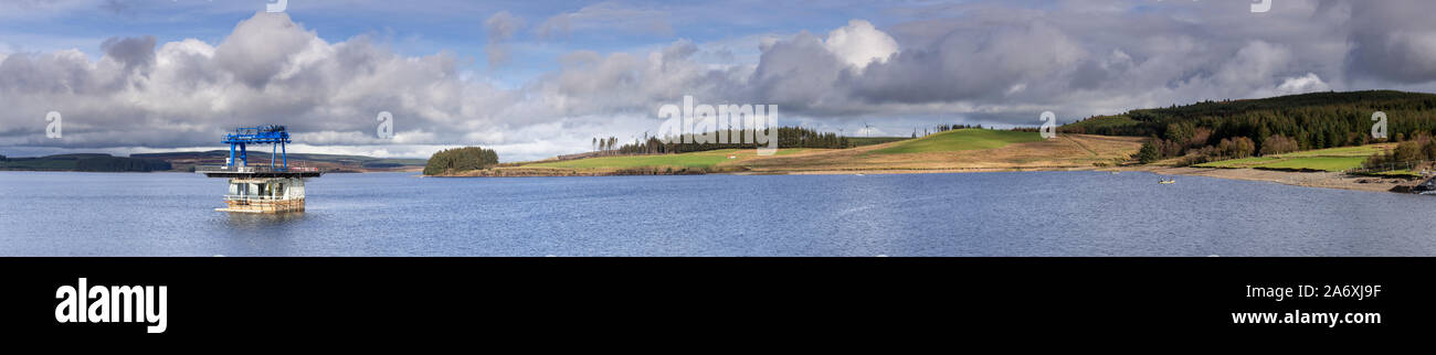 Panoramic view of Llyn Brenig, North Wales, including the drawdown crane Stock Photo