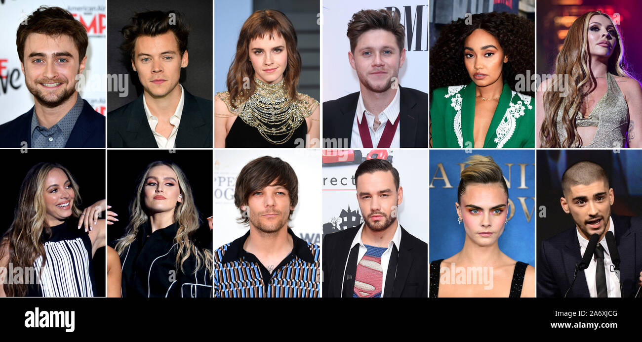 Undated composite file photos of (top row left to right) Daniel Radcliffe, 30, Harry Styles, 25, Emma Watson, 29, Niall Horan, 26, Little Mix member Leigh-Anne Pinnock, 28 and Little Mix member Jesy Nelson, 28. (Bottom row left to right) Little Mix member Jade Thirlwall, 26, Little Mix member Perrie Edwards, 26, Louis Tomlinson, 27, Liam Payne, 26, Cara Delevingne, 27 and Zayn Malik, 26. They are in the top 10 UK's wealthiest stars aged 30 and under, (in order from second wealthiest to number 10), with Daniel Radcliffe at number two with an estimated wealth of ??90 million, Little Mix members Stock Photo