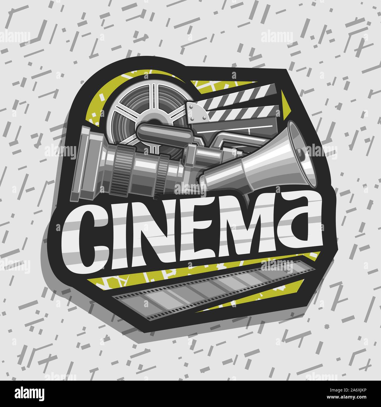 Vector logo for Cinema, black decorative tag with professional film equipment and speaking trumpet, original lettering for word cinema, illustration o Stock Vector