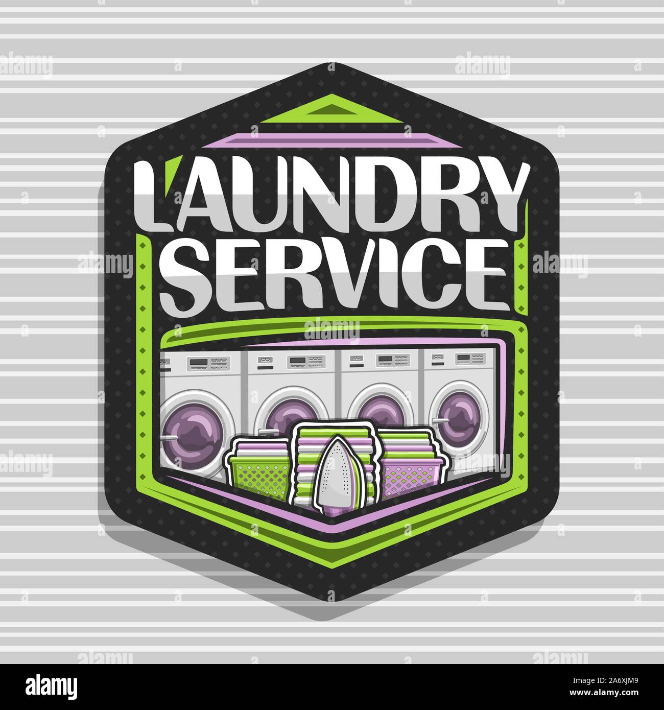 Vector logo for Laundry Service, black hexagonal tag with 4 automatic laundromats in a row, green basket with linens, electric iron and stack of towel Stock Vector