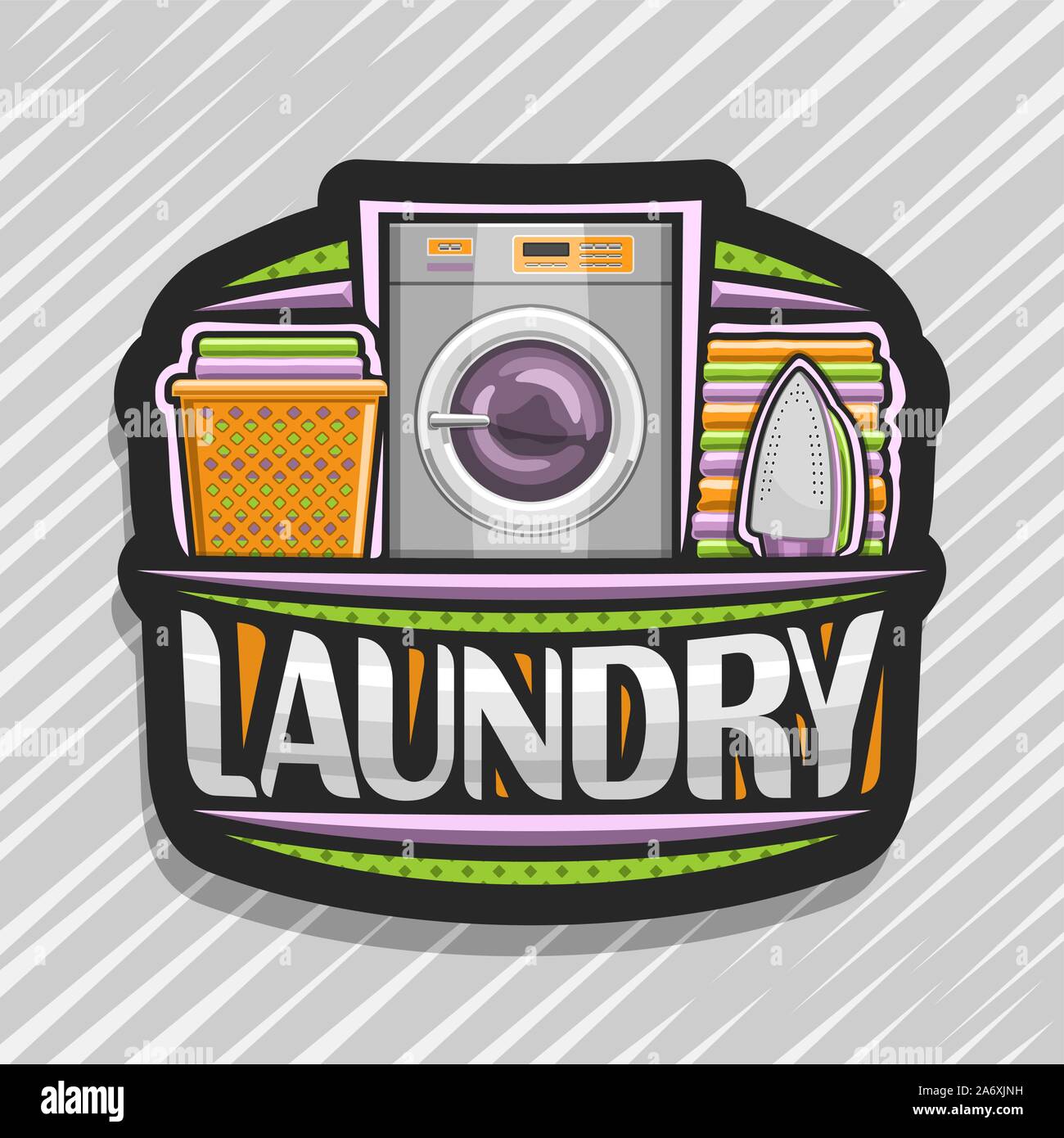 Vector logo for Laundry, black signboard with automatic washing machine, orange basket with linens, electric iron and stack of towels, original brush Stock Vector