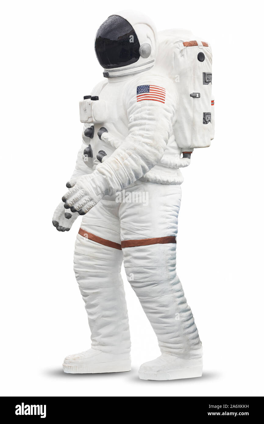 Astronaut spaceman suit with helmet isolated on white. Vertical Stock Photo