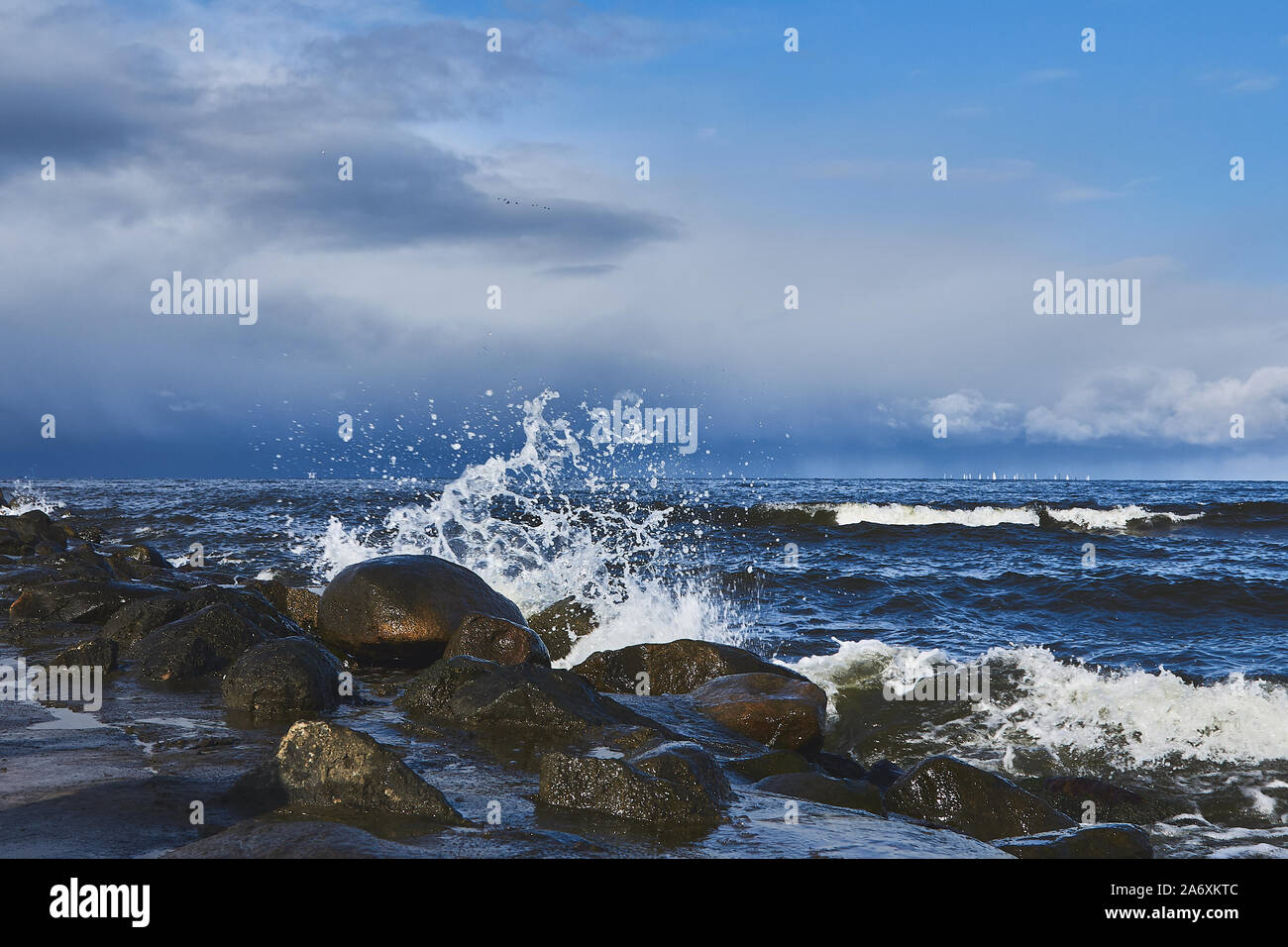 Waves of Baltic sea on windy weather in autumn Stock Photo