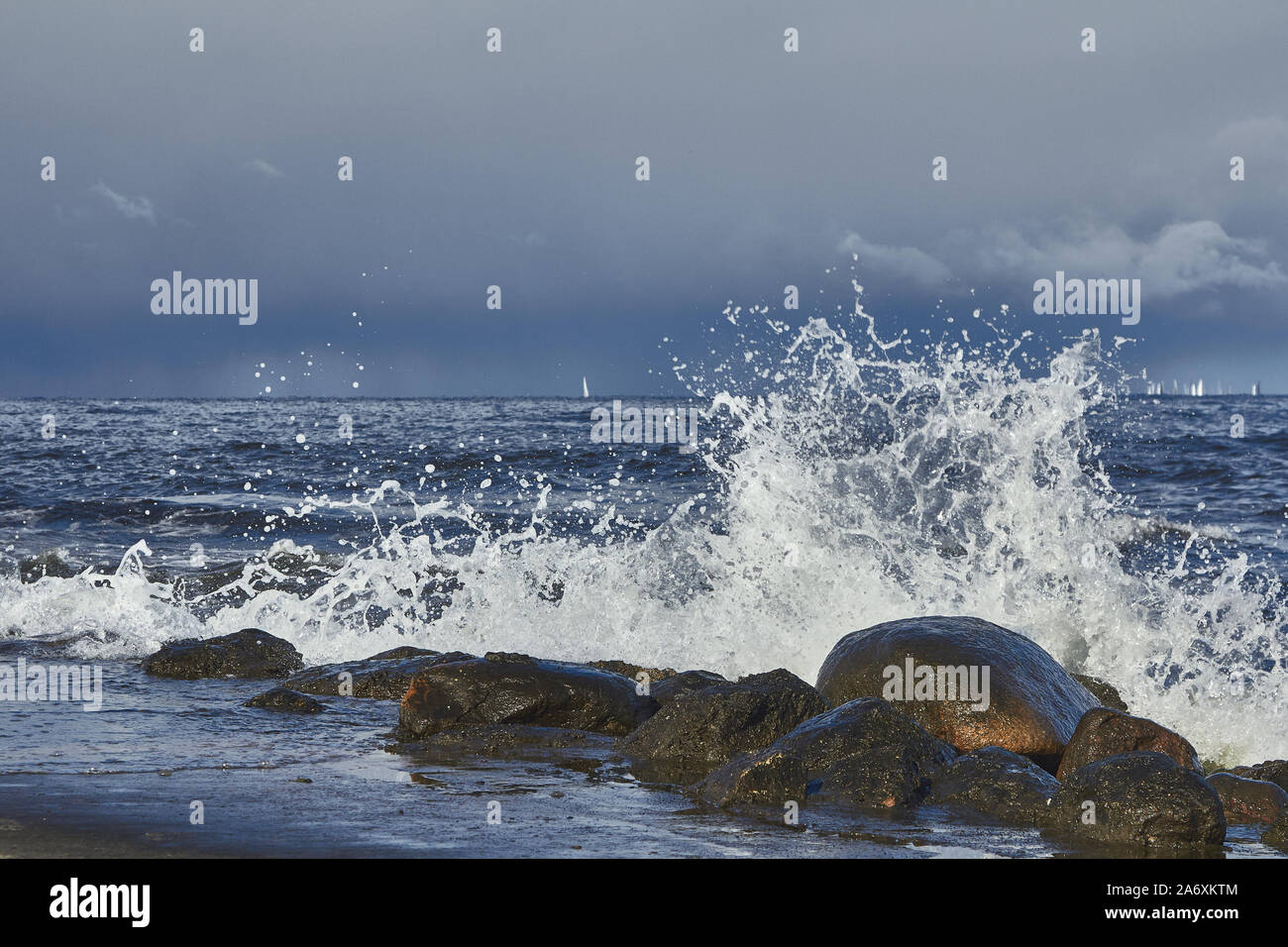 Waves of Baltic sea on windy weather in autumn Stock Photo