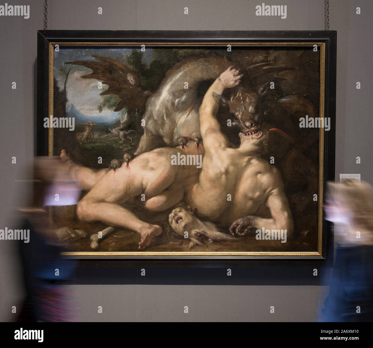 National Gallery, London, UK. 17th October 2019.  Photo embargoed until 29th October 2019. The National Gallery choose two pictures with a spooky horror Halloween theme for the 31st October, posed with members of staff. Image: Two Followers of Cadmus devoured by a Dragon. Cornelius van Haarlem, 1588. The National Gallery, London. Credit: Malcolm Park/Alamy Live News. Stock Photo