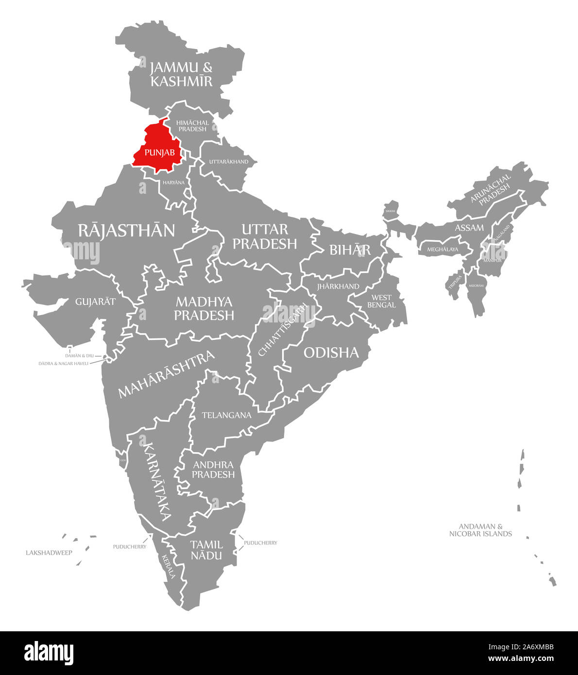 Punjab red highlighted in map of India Stock Photo