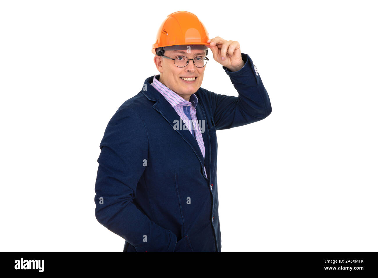 man in a construction orange helmet Stock Photo