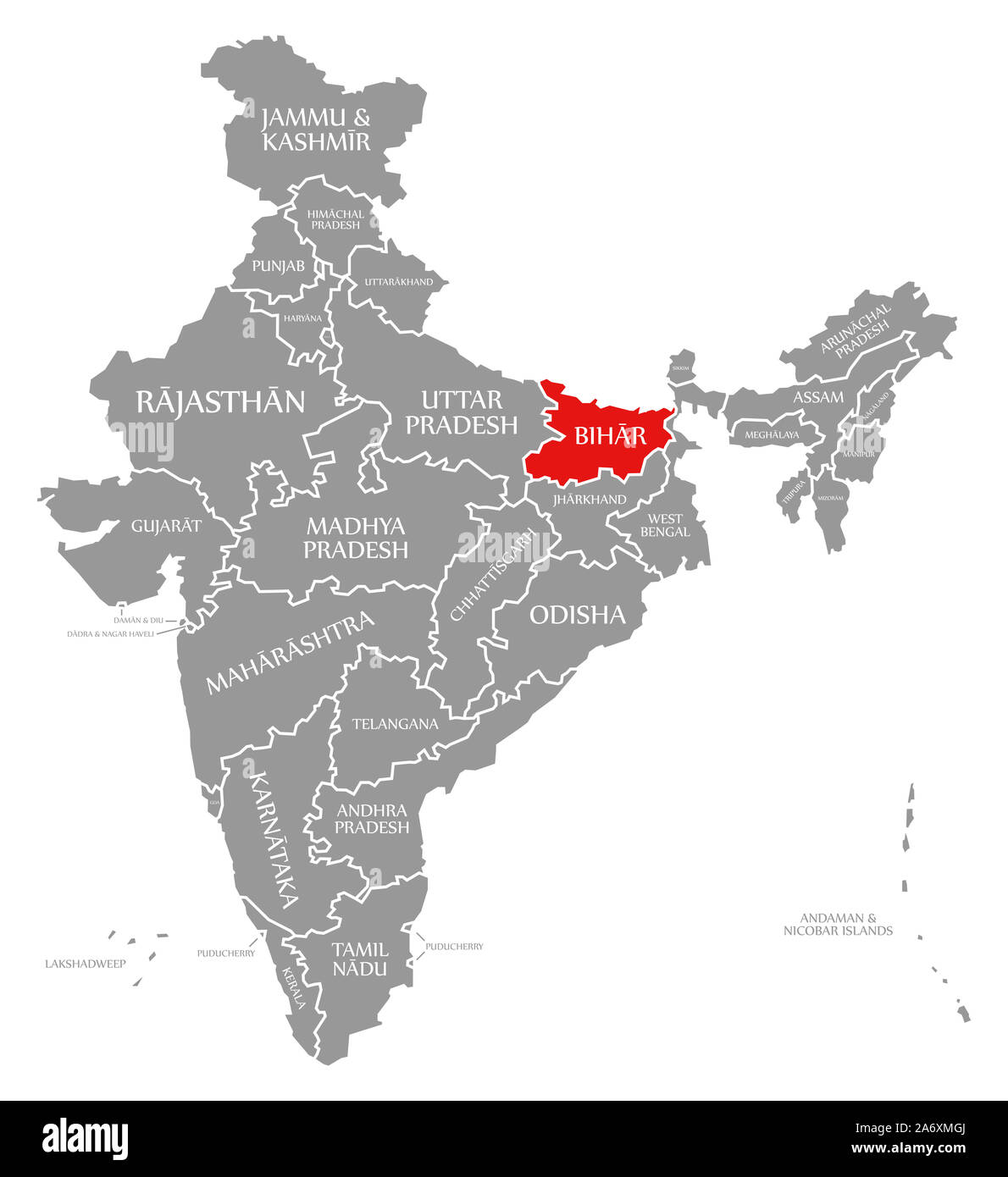 Bihar red highlighted in map of India Stock Photo