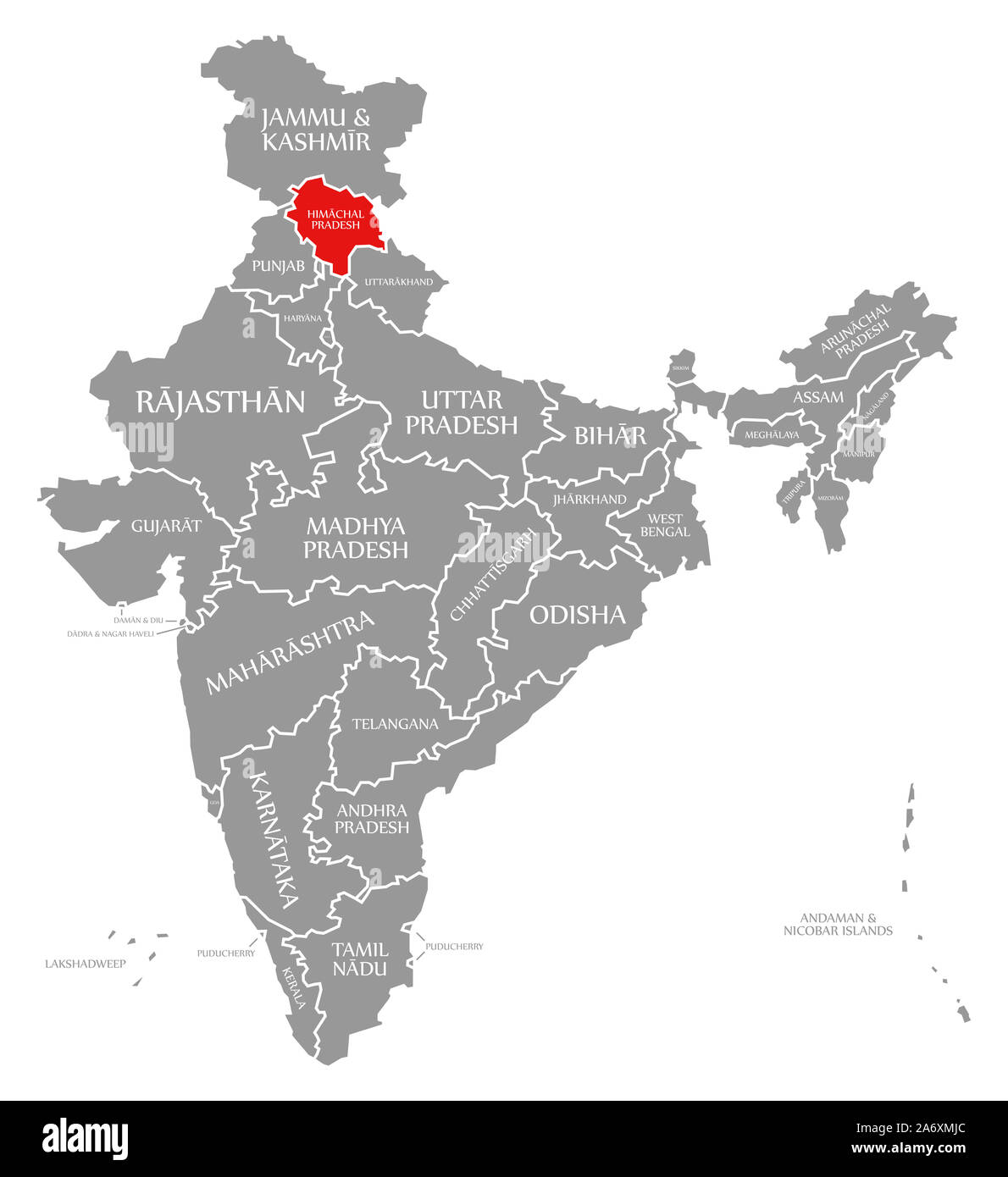 Himachal Pradesh red highlighted in map of India Stock Photo