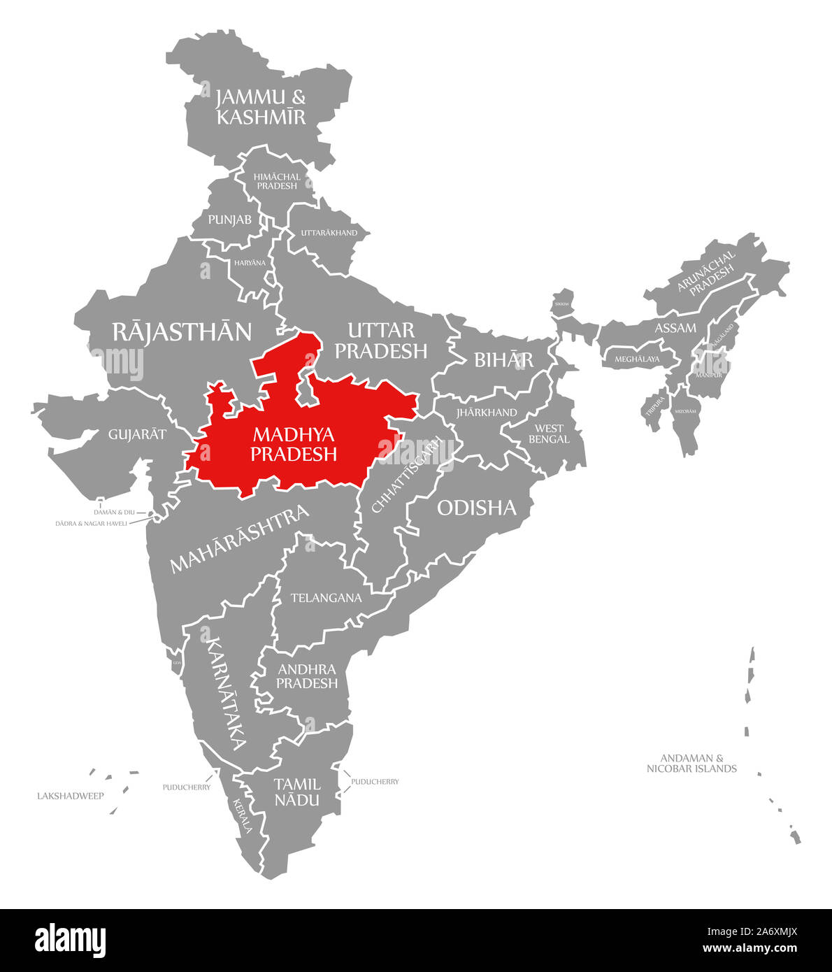 Madhya Pradesh red highlighted in map of India Stock Photo