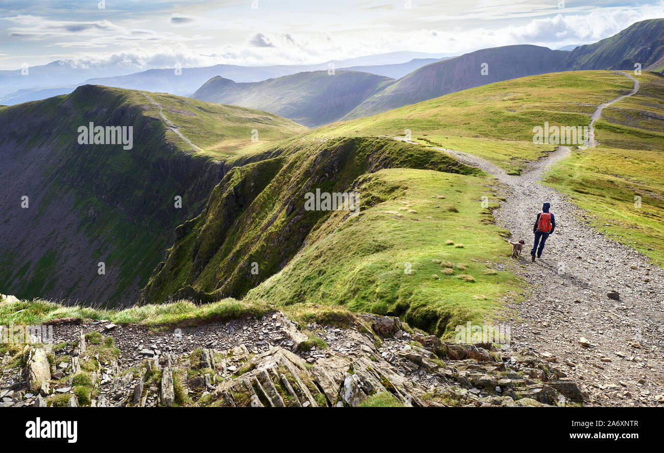 A hiker and their dog walking down from the summit of Hopegill Head with Hobcarton Crags to the left in the Lake District, England, UK. Stock Photo