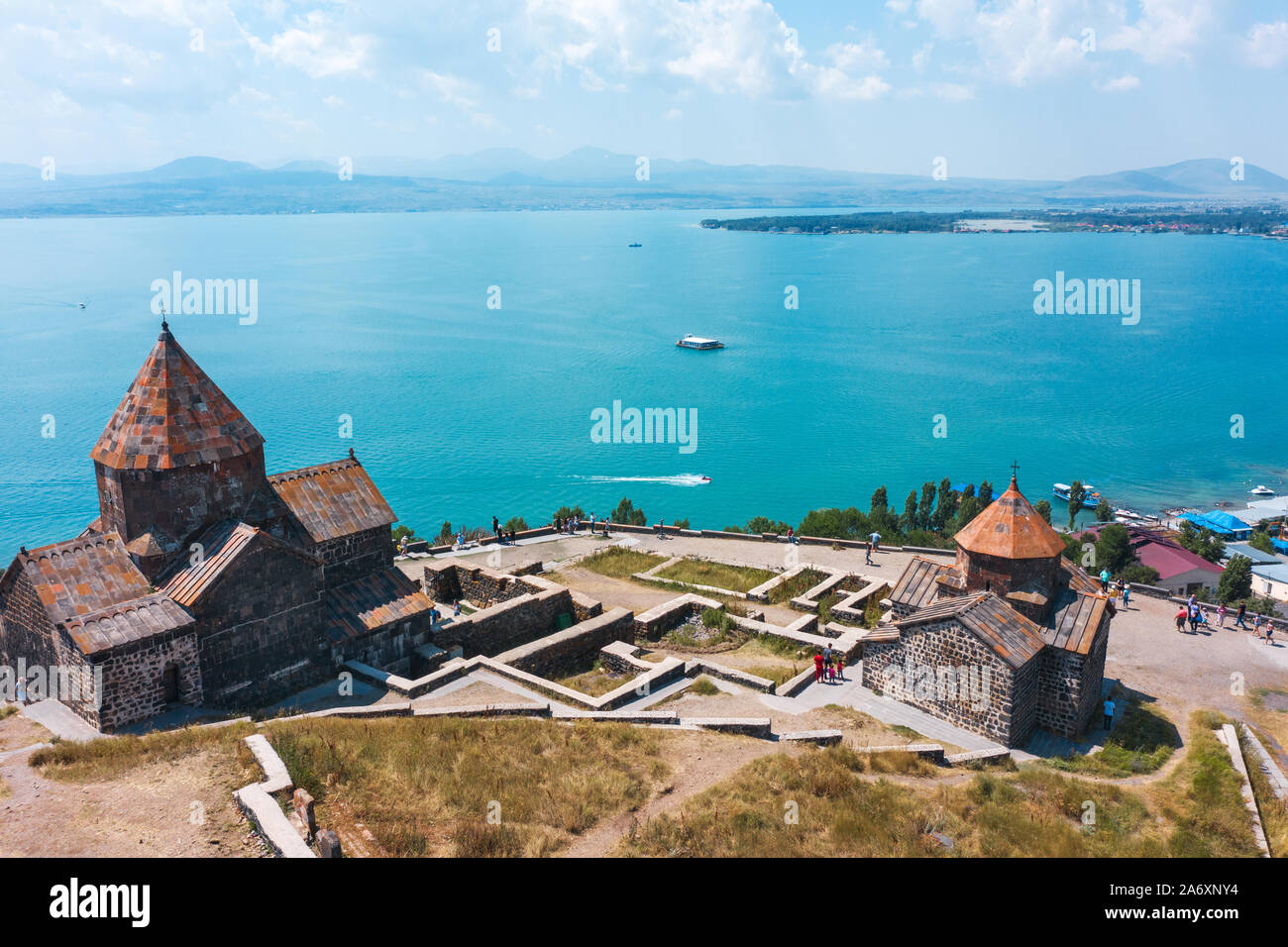 old monastery on shore of lake Sevan Stock Photo