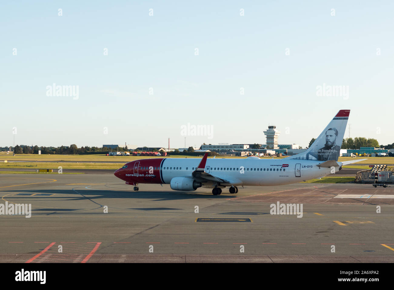Copenhagen airport, Denmark - August 24, 2019: A Norwegian airline´s Boeing 737-800, on the runway ready to take off at Copenhagen-Kastrup airport Stock Photo