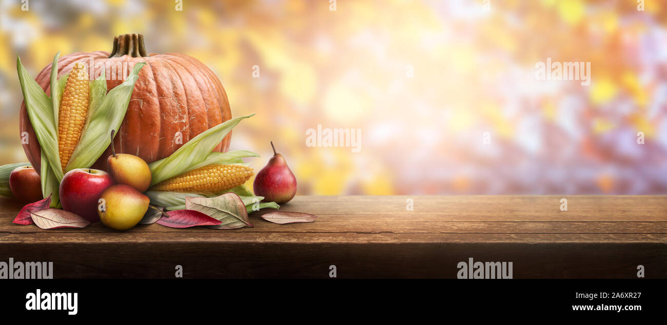 A thanksgiving celebration table of pumpkins, apples, pears and corncobs with autumn sunset foliage in the background. Stock Photo