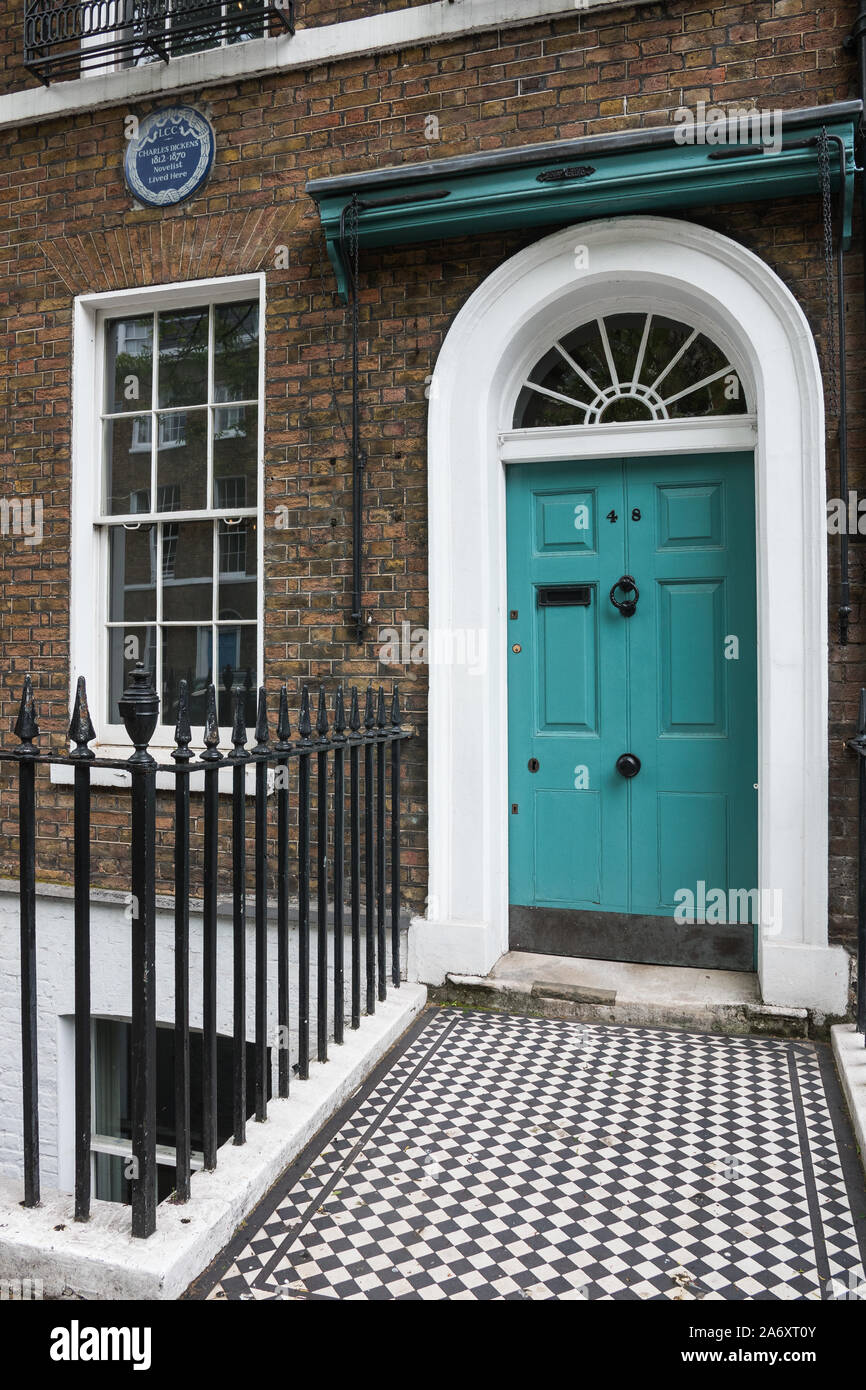 May 2019. Charles Dickens Museum. Blue Front door of his georgian house on 48 Doughty Street in Holborn, London Borough of Camden (England, UK). Stock Photo