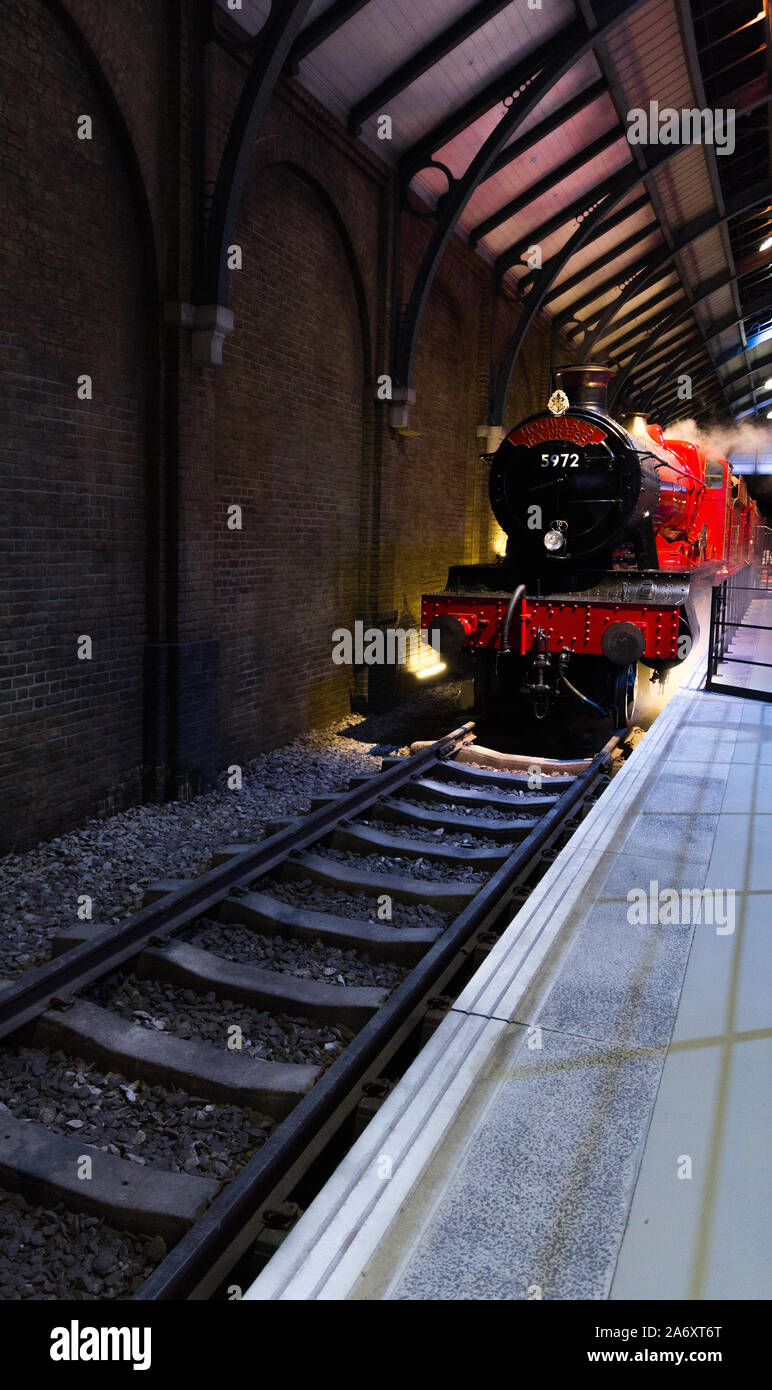 May 2019, Warner Bros. Studio Tour London – The Making of Harry Potter (England, UK). Beautiful sharp shot of the Hogwarts Express train on 9 3/4. Stock Photo