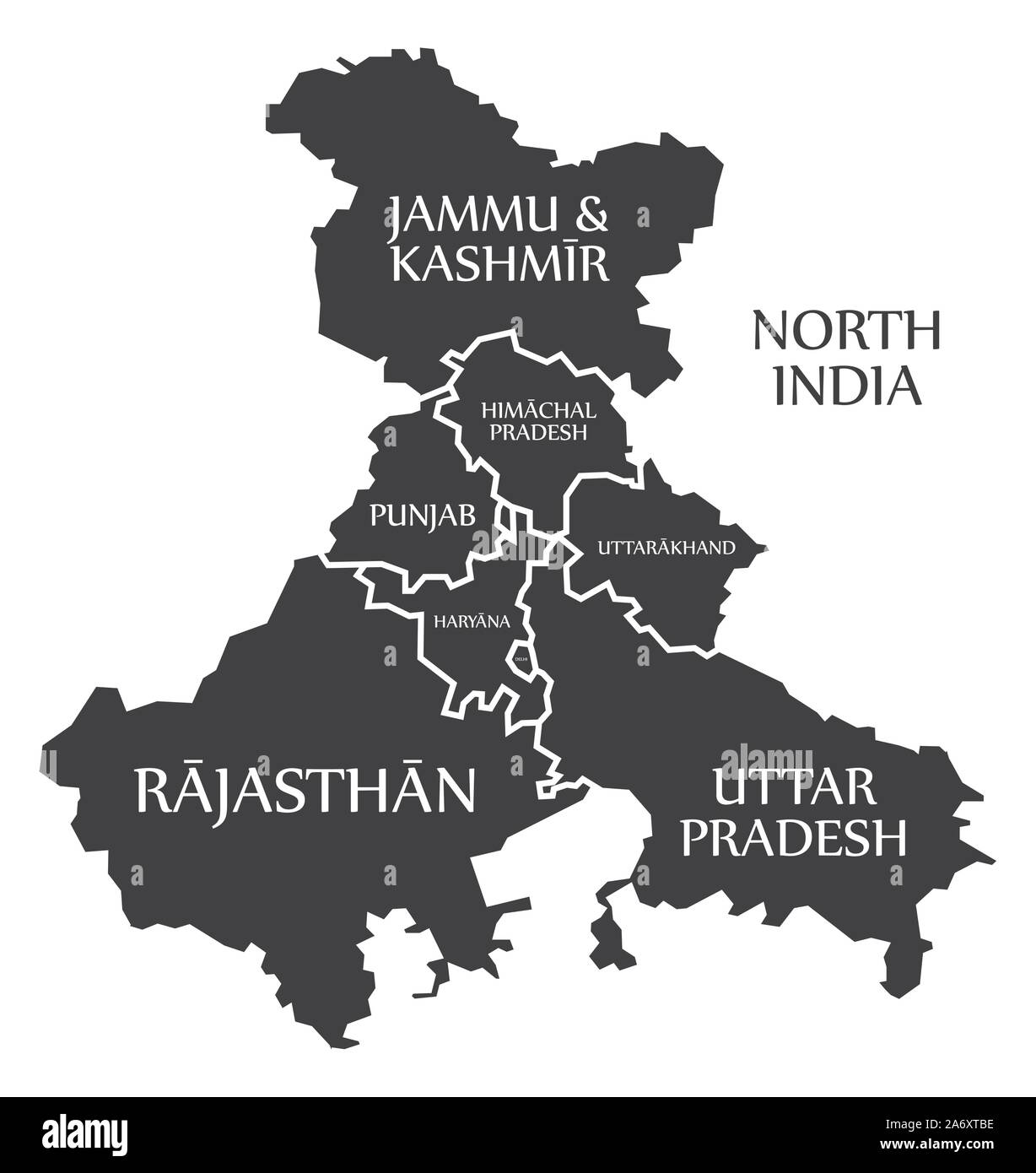 North India region map labelled black illustration Stock Vector