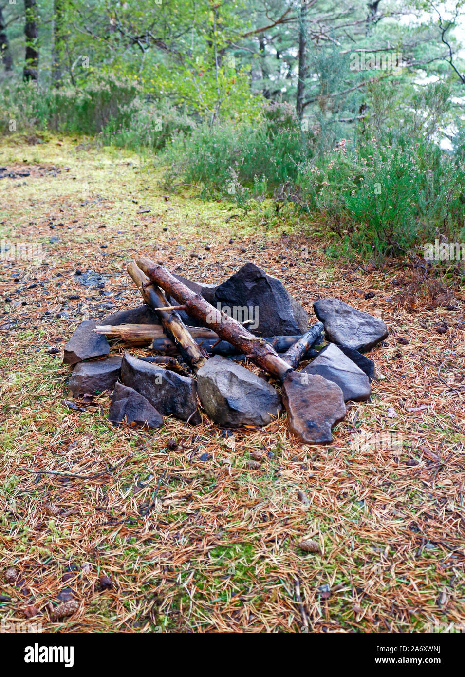 The remains of an abandoned campfire enclosed with stones by the shores ...