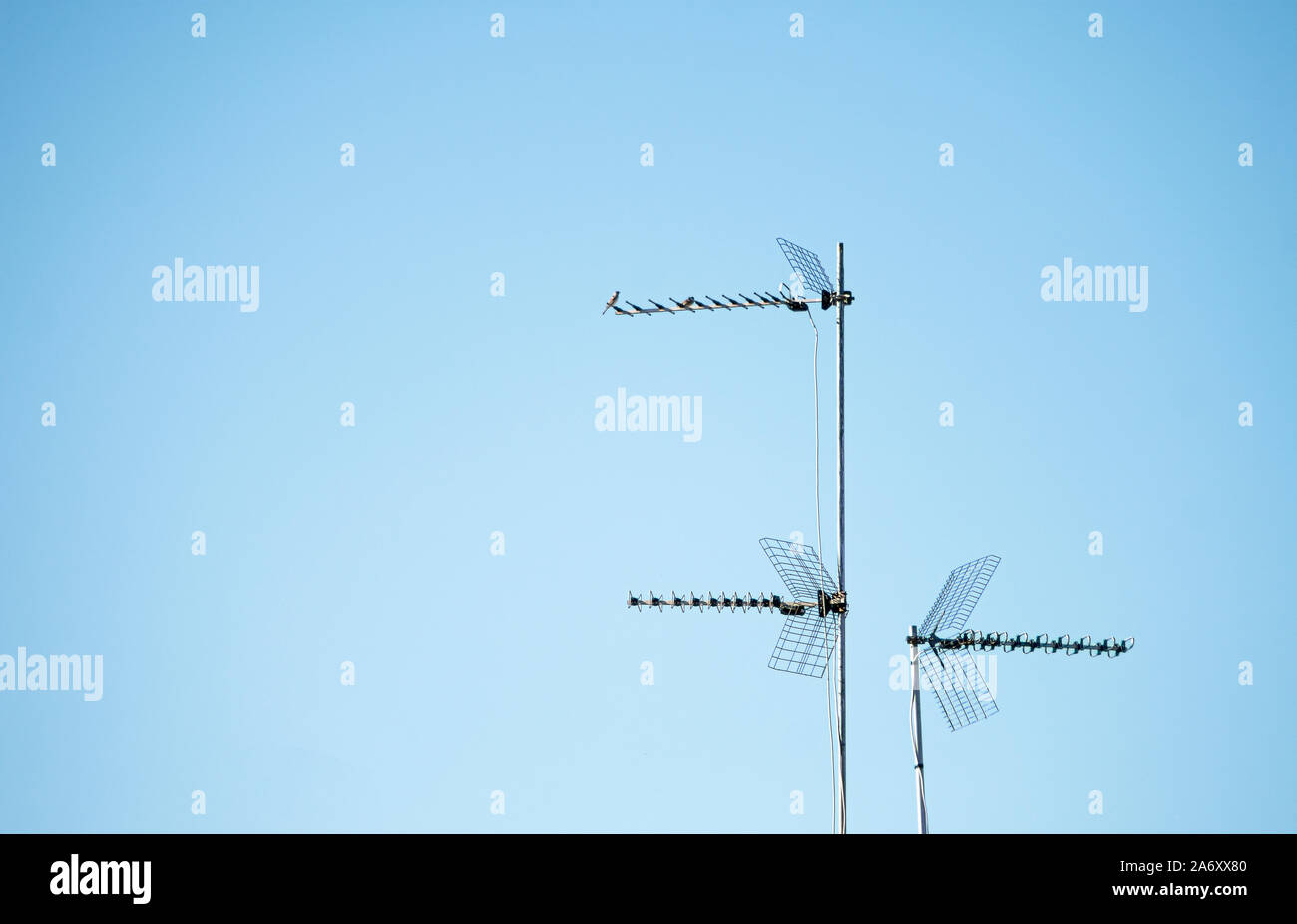 Three television antennas for analog and digital terrestrial television installed on mast on a roof in Spain, with grill and cables Stock Photo
