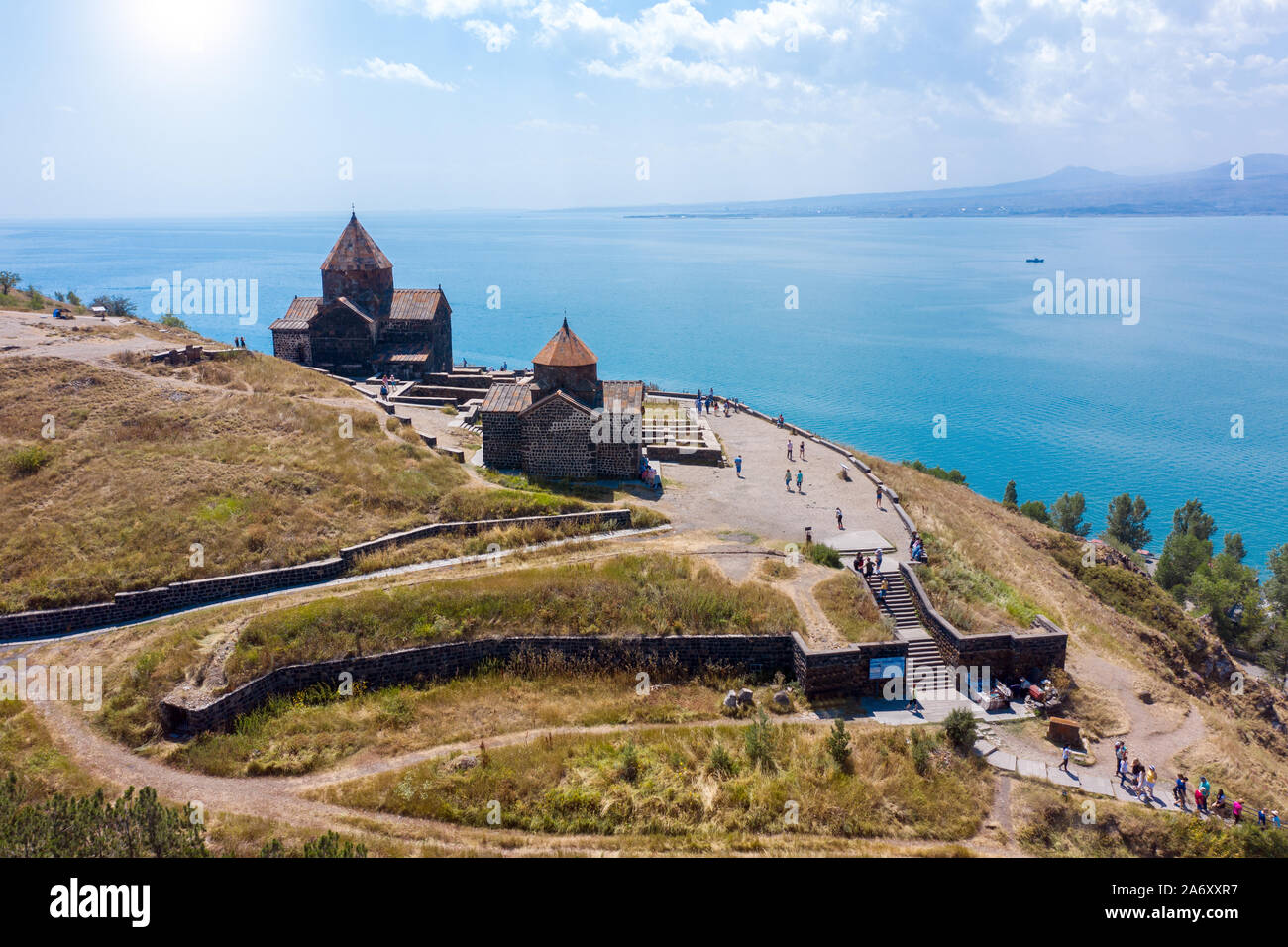 old monastery on background of lake Sevan Stock Photo