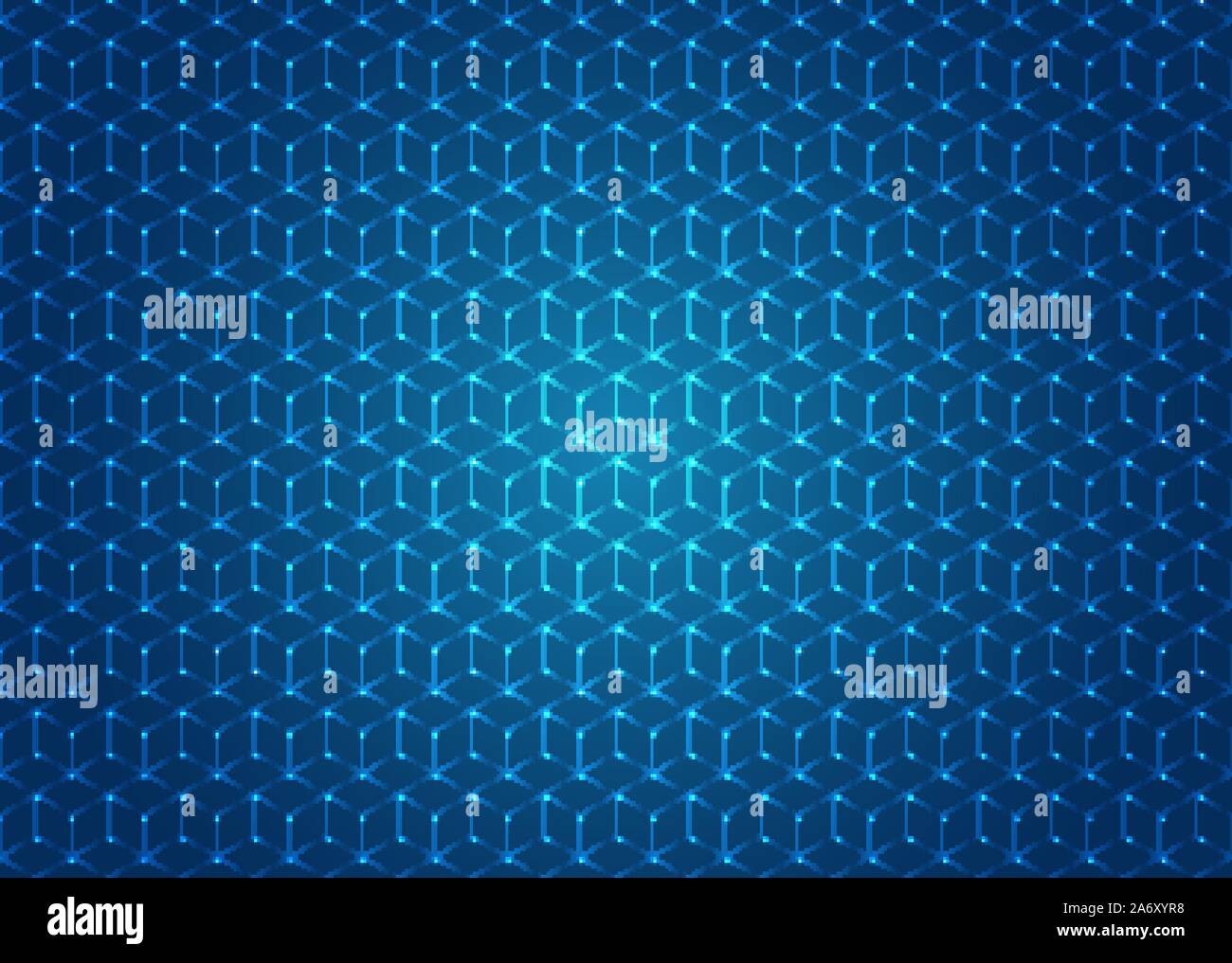 Abstract geometric hexagons shapes seamless pattern with illuminated dot on blue background. Technology concept. Vector illustration Stock Vector