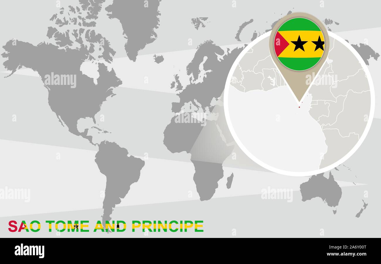 World map with magnified Sao Tome and Principe. Sao Tome and Principe