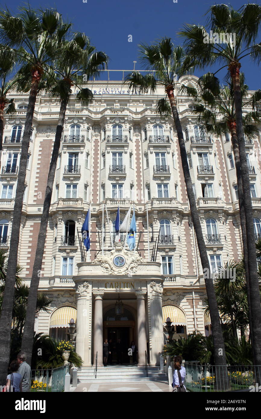 Carlton Hotel facade and entrance on the Croisette seafront at Cannes, French Riviera Stock Photo