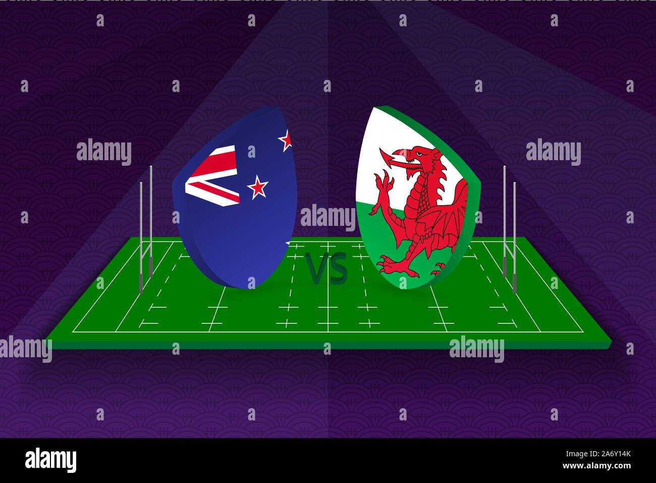 Rugby team New Zealand vs Wales on rugby field. Sport vector template. Stock Vector