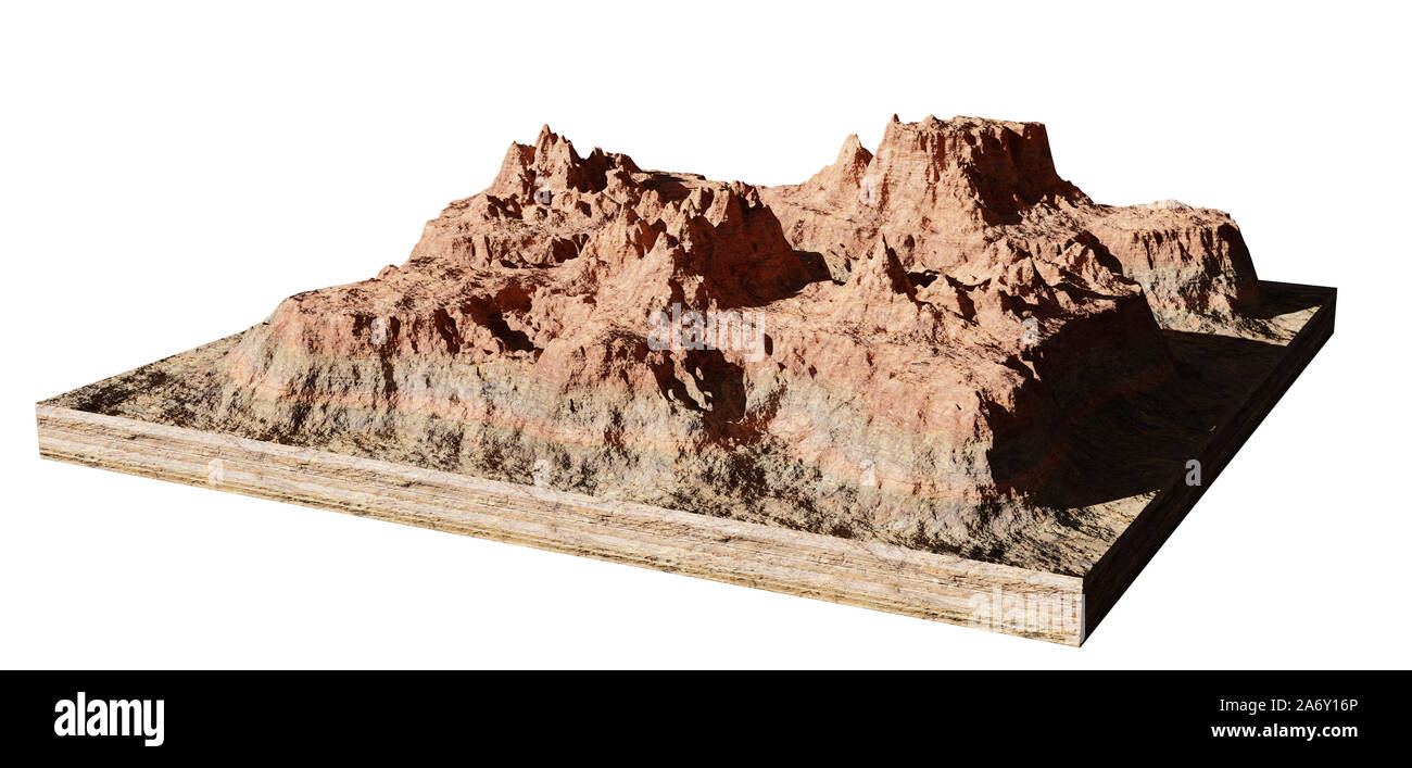model of a cross section of a desert mountain, mesa isolated on white background Stock Photo