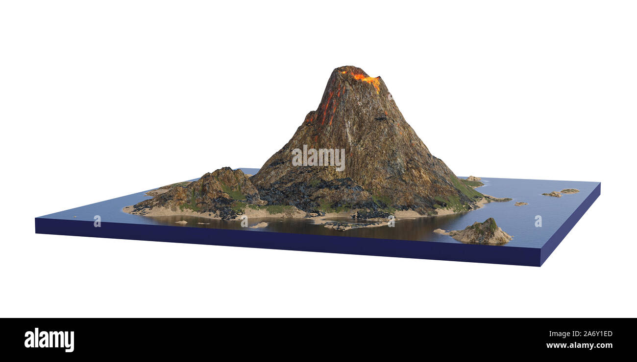 volcano erupts lava, cross section model of island with volcanism isolated on white background Stock Photo