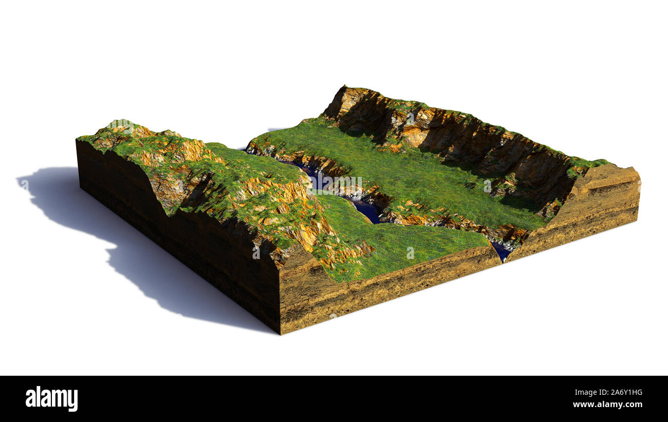 model of a cross section of ground with hills, river and meadows (3d rendering, isolated with shadow on white background) Stock Photo
