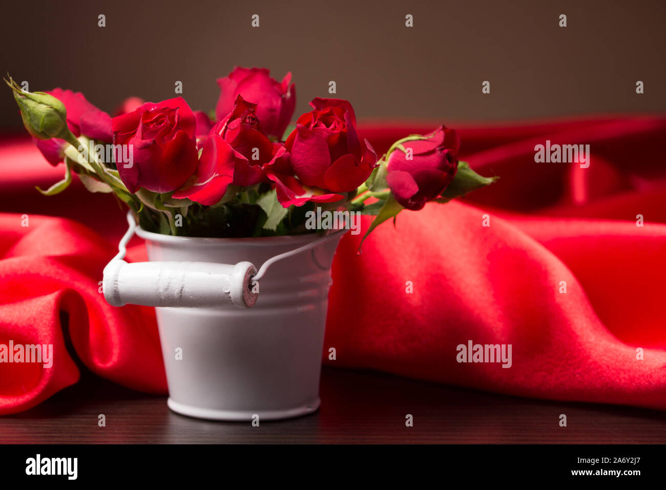 Branch little roses on a red background Stock Photo - Alamy