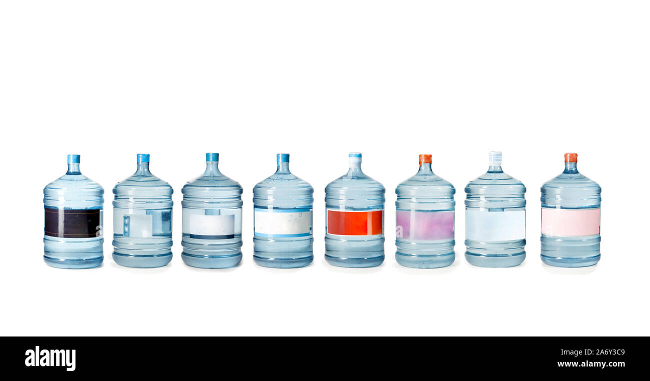 eight large water bottles Stock Photo