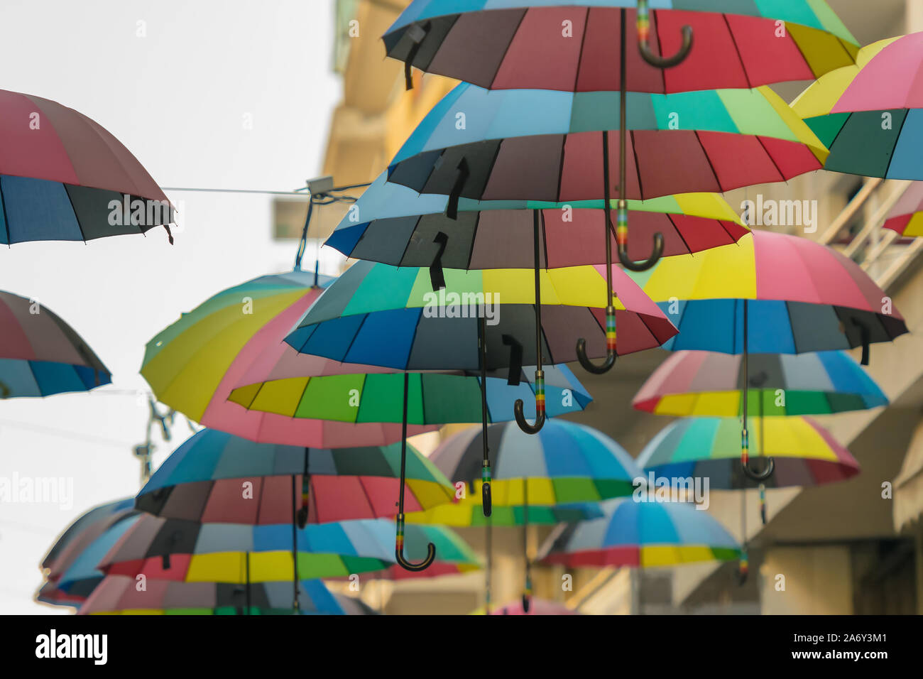 Road with umbrellas at Trikala in Greece Stock Photo Alamy